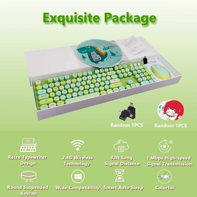 Alt view image 2 of 5 - Green Retro Typewriter Wireless Keyboard and Mouse Combo for Home Office