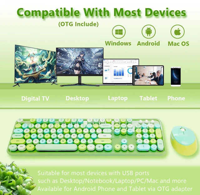 Alt view image 5 of 5 - Green Retro Typewriter Wireless Keyboard and Mouse Combo for Home Office