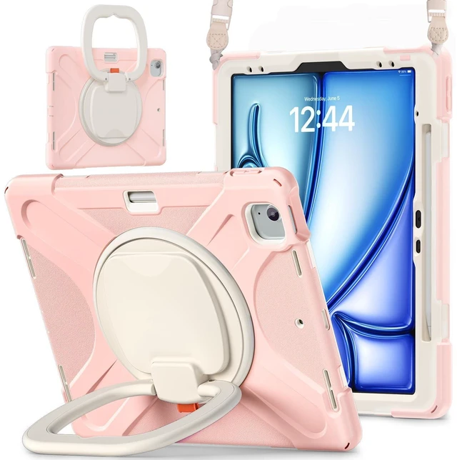 Main image of SCSVPN Case for iPad Air 13 inch M4/ M3/ M2 (2026/2025/2024) & iPad Pro 12.9 Case 6th/5th/4th/3rd Gen 2022 2021 2020 2018, Protective Cover w/Pencil Holder, Rotate Stand/Handle, Shoulder Strap, Pink