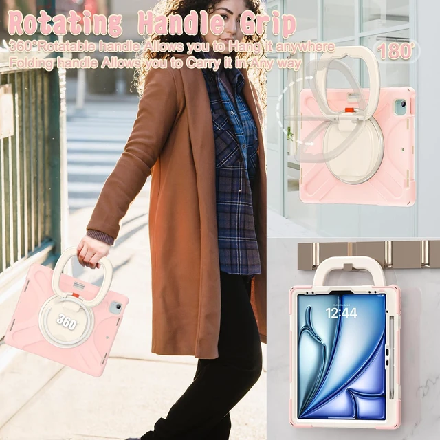 Alt view image 5 of 5 - SCSVPN Case for iPad Air 13 inch M4/ M3/ M2 (2026/2025/2024) & iPad Pro 12.9 Case 6th/5th/4th/3rd Gen 2022 2021 2020 2018, Protective Cover w/Pencil Holder, Rotate Stand/Handle, Shoulder Strap, Pink