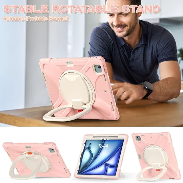 Alt view image 4 of 5 - SCSVPN Case for iPad Air 13 inch M4/ M3/ M2 (2026/2025/2024) & iPad Pro 12.9 Case 6th/5th/4th/3rd Gen 2022 2021 2020 2018, Protective Cover w/Pencil Holder, Rotate Stand/Handle, Shoulder Strap, Pink
