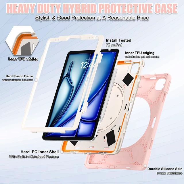 Alt view image 3 of 5 - SCSVPN Case for iPad Air 13 inch M4/ M3/ M2 (2026/2025/2024) & iPad Pro 12.9 Case 6th/5th/4th/3rd Gen 2022 2021 2020 2018, Protective Cover w/Pencil Holder, Rotate Stand/Handle, Shoulder Strap, Pink