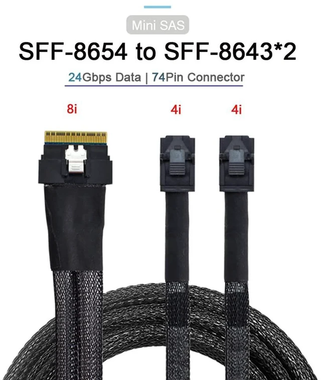 Alt view image 2 of 5 - NFHK PCI-E Ultraport Slimline SAS Slim 4.0 SFF-8654 8i 74pin to Dual SFF-8643 4i Mini SAS HD Cable PCI-Express