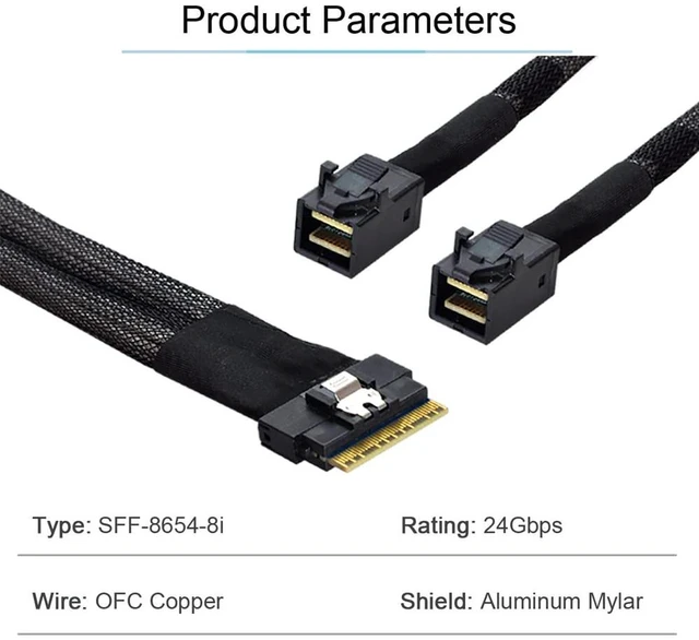 Alt view image 4 of 5 - NFHK PCI-E Ultraport Slimline SAS Slim 4.0 SFF-8654 8i 74pin to Dual SFF-8643 4i Mini SAS HD Cable PCI-Express