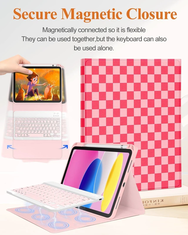 Alt view image 4 of 5 - Wazzasoft for iPad 10th Generation Case with Keyboard - for iPad A16 Cases Pencil Holder 10.9 Inch Cover Women Girls Cute Girly Checkered Unique Design Funda for Apple Tablet 10th/11th gen