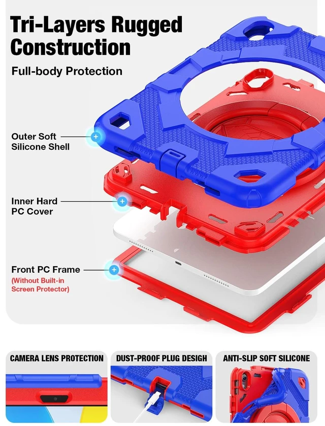 Alt view image 3 of 5 - SCSVPN Case for iPad (A16) 11th Generation 11 inch 2025 / 10th Generation 10.9'' 2022, Shockproof Rugged Kids Cover with Pencil Holder, 360 Rotate Stand & Foldable Handle, Shoulder Strap, Blue/Red