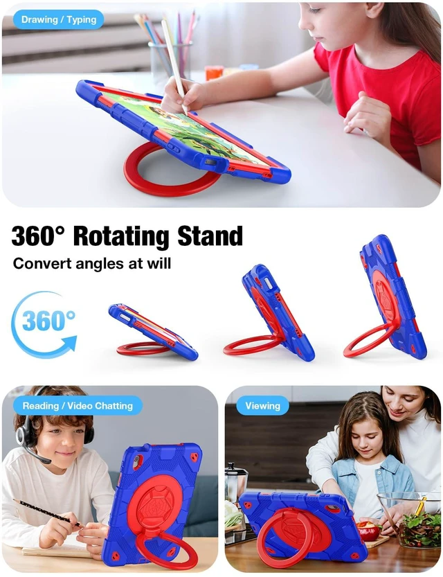 Alt view image 4 of 5 - SCSVPN Case for iPad (A16) 11th Generation 11 inch 2025 / 10th Generation 10.9'' 2022, Shockproof Rugged Kids Cover with Pencil Holder, 360 Rotate Stand & Foldable Handle, Shoulder Strap, Blue/Red