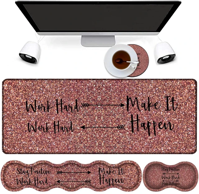 Main image of Large Gaming Mouse Pad + Keyboard Wrist Support + Mouse Wrist Rest + Coaster, Table Pad with Stitched Edge Memory Foam Ergonomic Wrist Pad Set, Stay Positive Work Hard and Make It Happen