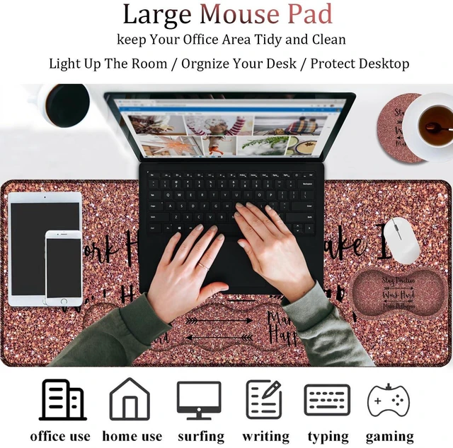 Alt view image 4 of 5 - Large Gaming Mouse Pad + Keyboard Wrist Support + Mouse Wrist Rest + Coaster, Table Pad with Stitched Edge Memory Foam Ergonomic Wrist Pad Set, Stay Positive Work Hard and Make It Happen