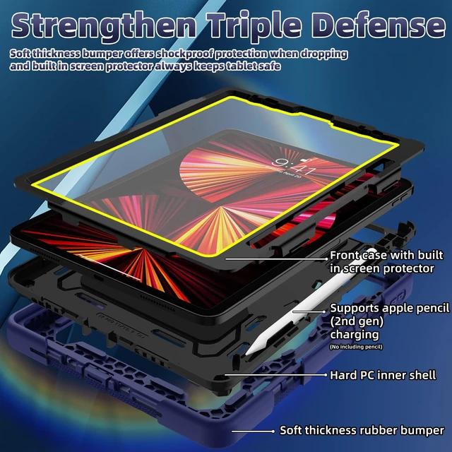 Alt view image 5 of 5 - ROSROME for iPad Pro 11 inch 1st-4th Gen Case & iPad Air 11 inch M3/M2 Case, Heavy Duty Shockproof Kids Case with 360 Rotating Stand, Hand Strap, Shoulder Strap & Screen Protector