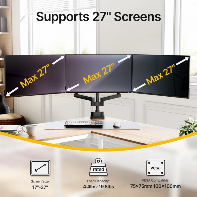 Alt view image 2 of 5 - monTEK Triple Monitor Mount for 13"-27" Screens, Max 19.8 lbs Each Arm