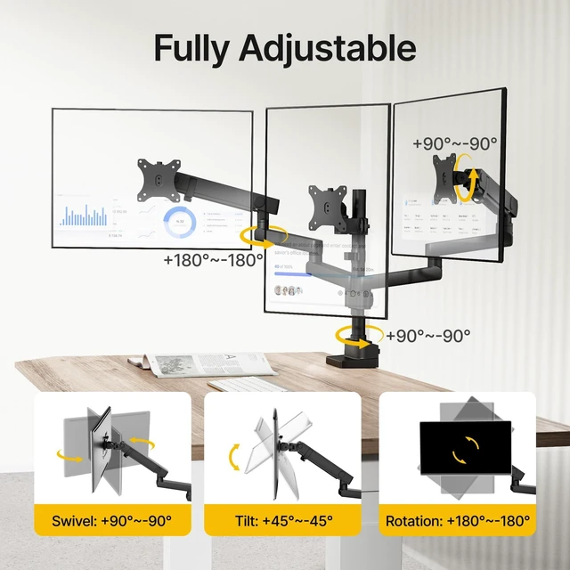 Alt view image 3 of 5 - monTEK Triple Monitor Mount for 13"-27" Screens, Max 19.8 lbs Each Arm