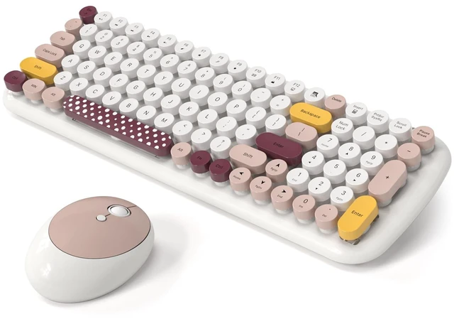 Main image of Wireless Keyboard and Mouse Combo, MOWUX - Modern Compact Layout, Colorful Compact Candy Mouse and Retro Round Keyboard Set with Cover, for PC/Laptop/Windows/Mac - Off-White Colorful