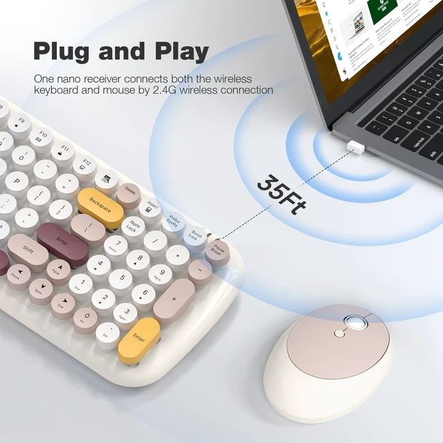 Alt view image 2 of 5 - Wireless Keyboard and Mouse Combo, MOWUX - Modern Compact Layout, Colorful Compact Candy Mouse and Retro Round Keyboard Set with Cover, for PC/Laptop/Windows/Mac - Off-White Colorful