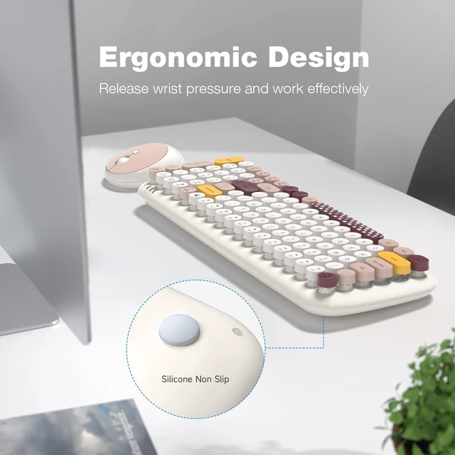 Alt view image 4 of 5 - Wireless Keyboard and Mouse Combo, MOWUX - Modern Compact Layout, Colorful Compact Candy Mouse and Retro Round Keyboard Set with Cover, for PC/Laptop/Windows/Mac - Off-White Colorful