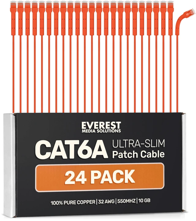 Main image of Everest Ultra Slim Cat6a Ethernet Patch Cables 0.5ft (24-Pack) Orange