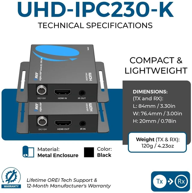 Alt view image 5 of 5 - OREI HDMI Over Ethernet Extender via CAT6 4K, 230ft POC, 1-Way IR, HDR HLG