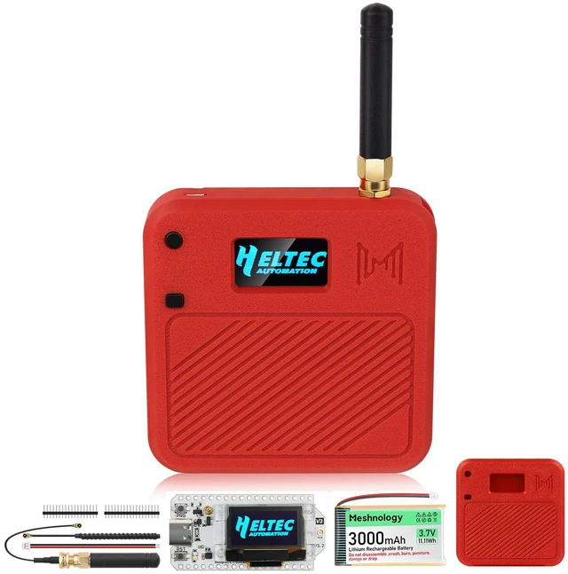Main image of Meshnology ESP32 LoRa V3 Development Board with 915MHz Antenna + 3000mAh Battery + Meshtastic Case, ESP32-S3 SX1262 Integrated WiFi Bluetooth OLED Display for Arduino LoRaWAN IOT (N32, Red)