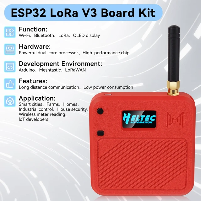 Alt view image 2 of 5 - Meshnology ESP32 LoRa V3 Development Board with 915MHz Antenna + 3000mAh Battery + Meshtastic Case, ESP32-S3 SX1262 Integrated WiFi Bluetooth OLED Display for Arduino LoRaWAN IOT (N32, Red)