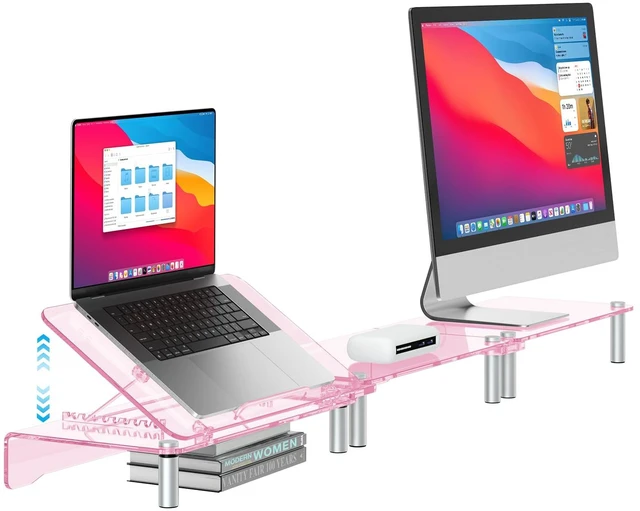 Main image of Pink Acrylic Dual Monitor Stand Riser,Laptop Riser Adjustable to 8 Angles