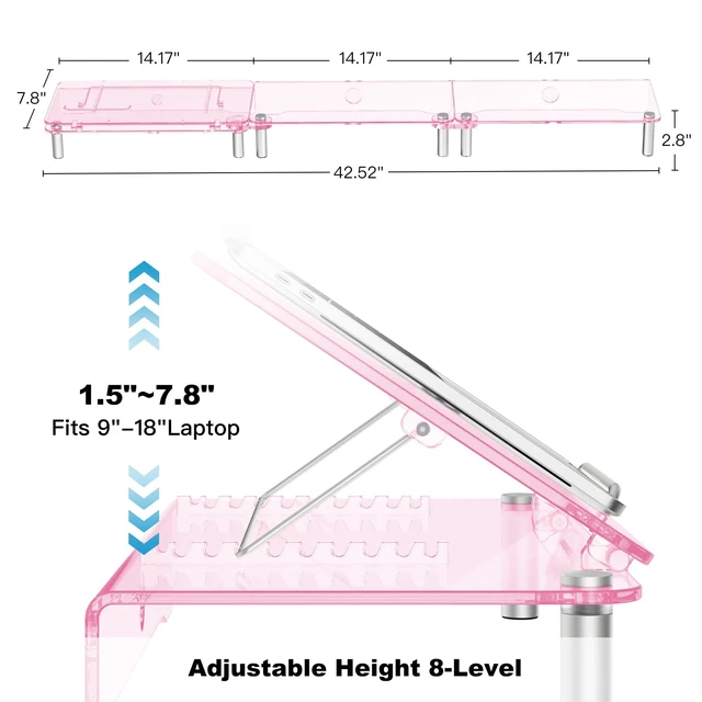 Alt view image 2 of 5 - Pink Acrylic Dual Monitor Stand Riser,Laptop Riser Adjustable to 8 Angles