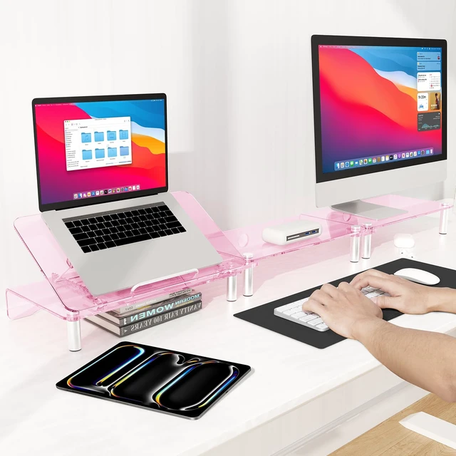 Alt view image 3 of 5 - Pink Acrylic Dual Monitor Stand Riser,Laptop Riser Adjustable to 8 Angles
