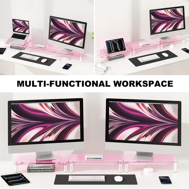 Alt view image 5 of 5 - Pink Acrylic Dual Monitor Stand Riser,Laptop Riser Adjustable to 8 Angles