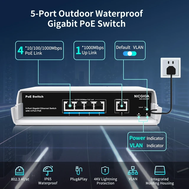 Alt view image 2 of 5 - Outdoor Waterproof 4-Port Gigabit PoE Switch with 4 Port PoE+@78W + 1000Mbps Uplink Port, 5 Port IEEE802.3af/at Power Over Ethernet Switch Unmanaged with VLAN Function, Plug & Play