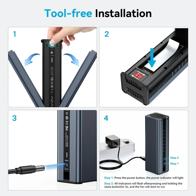 Alt view image 5 of 5 - M.2 NVMe SSD Cloner, Dual-Bay Offline Duplicator with Cooling Fan, USB C to M.2 Cloner, Pcle Size 2230/2242/2260/2280 Compatible (Grey)