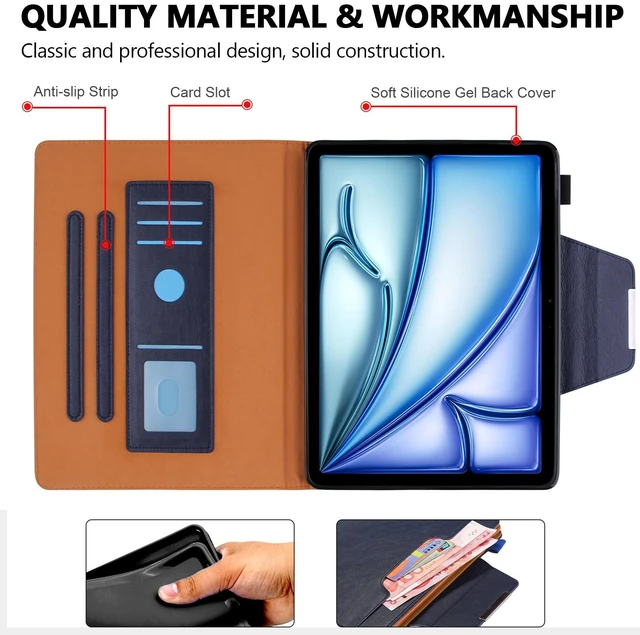 Alt view image 3 of 5 - Folio Case for iPad Air 11" M4 M3 M2, Air 10.9", iPad Pro 11 2018-2022 - PU Leather Stand Soft TPU Back Magnetic Smart Cover with Pencil Holder + Card Slots, Navy