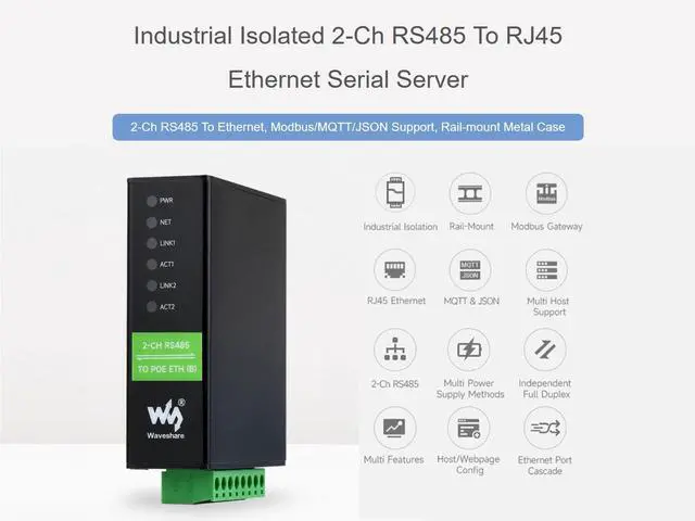 Alt view image 2 of 5 - waveshare 2-Ch RS485 to POE Ethernet Converter Industrial Isolated Serial Server, 2-Ch RS485 Independent Operation, Dual POE ETH Ports, Modbus Gateway MQTT Gateway JSON Support, Rail-Mount Metal Case