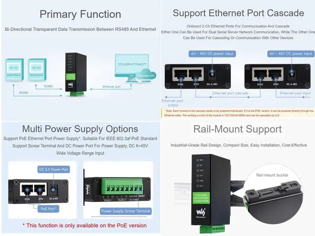 Alt view image 3 of 5 - waveshare 2-Ch RS485 to POE Ethernet Converter Industrial Isolated Serial Server, 2-Ch RS485 Independent Operation, Dual POE ETH Ports, Modbus Gateway MQTT Gateway JSON Support, Rail-Mount Metal Case