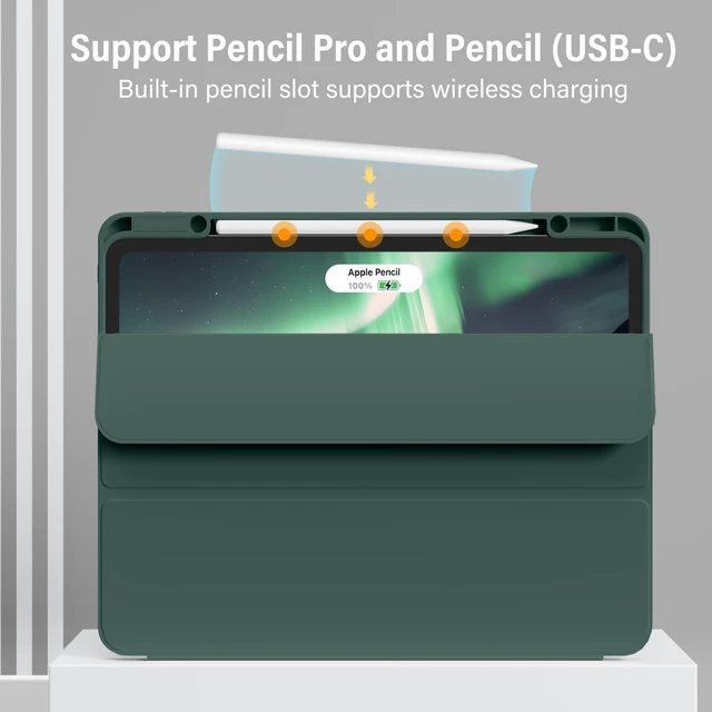Alt view image 4 of 5 - Zktuyu for iPad Pro 13 inch Case (M5/M4) 2025/2024, Slim Protective Cover with Pencil Holder, Soft TPU Back Cover, Trifold Stand, Auto Wake/Sleep, A2925 A2926 A3007 A3362 A3359 (Dark Green)