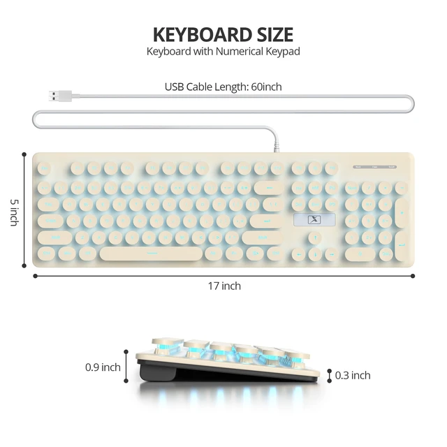 Alt view image 2 of 5 - Fogruaden Wired Retro Typewriter Keyboard, Quiet Full Size Membrane Keyboard Light Up, Cute Computer Keyboards, 104 Round Keys, Blue LED Backlit, Slim, Silent for Windows PC, Laptop