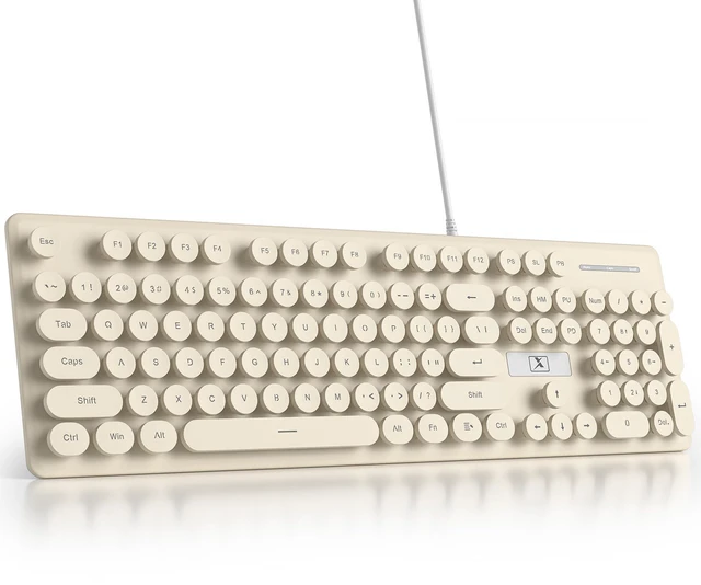 Main image of Fogruaden Wired Retro Typewriter Keyboard, Quiet Full Size Membrane Keyboard Light Up, Cute Computer Keyboards, 104 Round Keys, Blue LED Backlit, Slim, Silent for Windows PC, Laptop