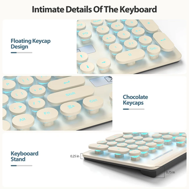 Alt view image 3 of 5 - Fogruaden Wired Retro Typewriter Keyboard, Quiet Full Size Membrane Keyboard Light Up, Cute Computer Keyboards, 104 Round Keys, Blue LED Backlit, Slim, Silent for Windows PC, Laptop
