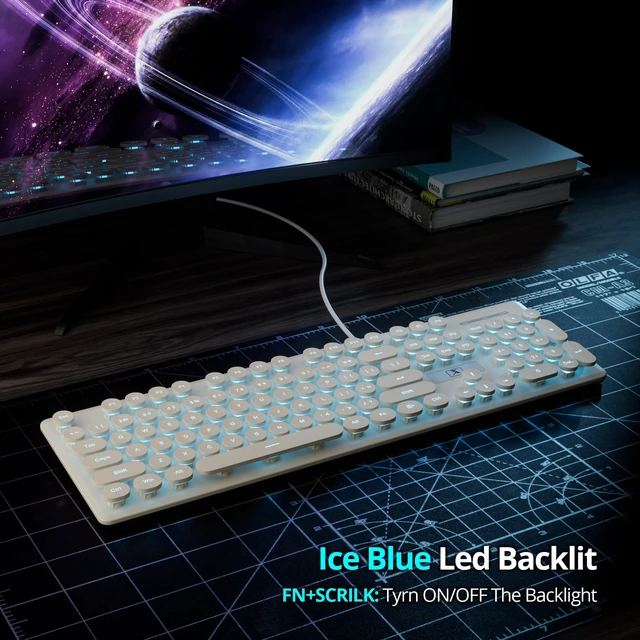 Alt view image 4 of 5 - Fogruaden Wired Retro Typewriter Keyboard, Quiet Full Size Membrane Keyboard Light Up, Cute Computer Keyboards, 104 Round Keys, Blue LED Backlit, Slim, Silent for Windows PC, Laptop