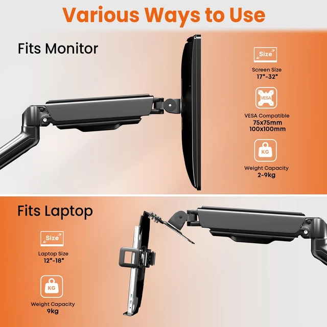 Alt view image 2 of 5 - 2-in-1 Laptop Wall Mount with Detachable Tray for 12-17" Laptops & Monitors