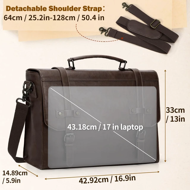 Alt view image 3 of 5 - RAINSMORE Mens Messenger Bag 17 Inch Waterproof Vintage Leather Laptop Bag