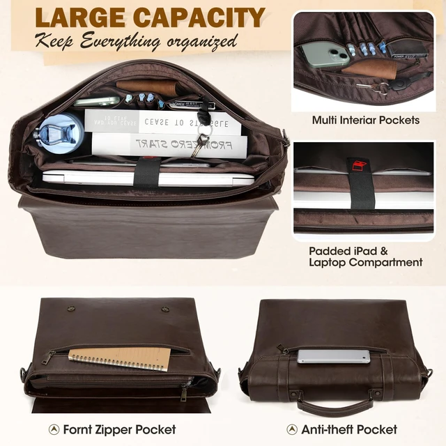 Alt view image 4 of 5 - RAINSMORE Mens Messenger Bag 17 Inch Waterproof Vintage Leather Laptop Bag