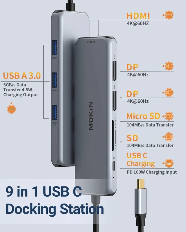Alt view image 2 of 5 - Docking Station Dual DisplayPort, MOKiN USB C Hub Dongle with 2 DP, HDMI, 3 USB A 3.0, SD & microSD Slot, PD Charging Port for MacBook/Dell XPS/Steam Deck/HP/Lenovo ThinkPad/Microsoft