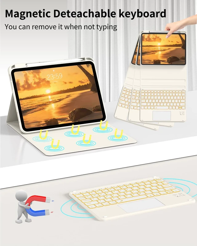 Alt view image 3 of 5 - Zktuyu for iPad (A16) 11th 10th Generation Case with Keyboard, 7-Colors Backlit, Folio Cover with Pencil Holder, Multi-Touch Trackpad, Detachable Keyboard for iPad 11/10.9-inch 2025/2022 (Cream White)