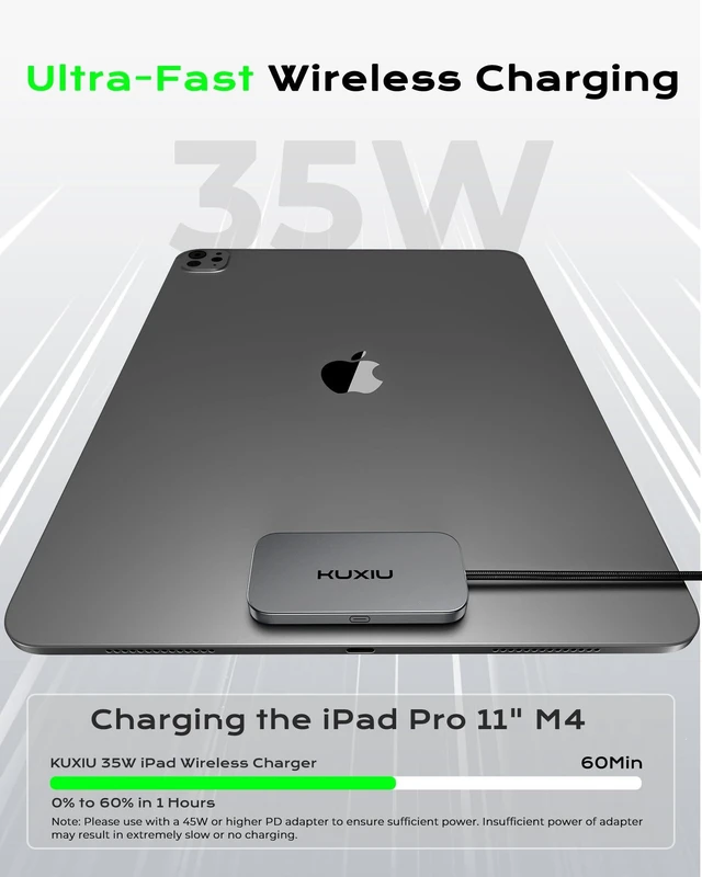 Alt view image 4 of 5 - KU XIU Magnetic Wireless Charger for iPad Pro 11" M4/M5 ONLY, 35W Fast Charging Smart Connector Charger, Aluminum Alloy Wireless Charging Pad with 6.56ft USB-C Cord Cable (Adapter Not In