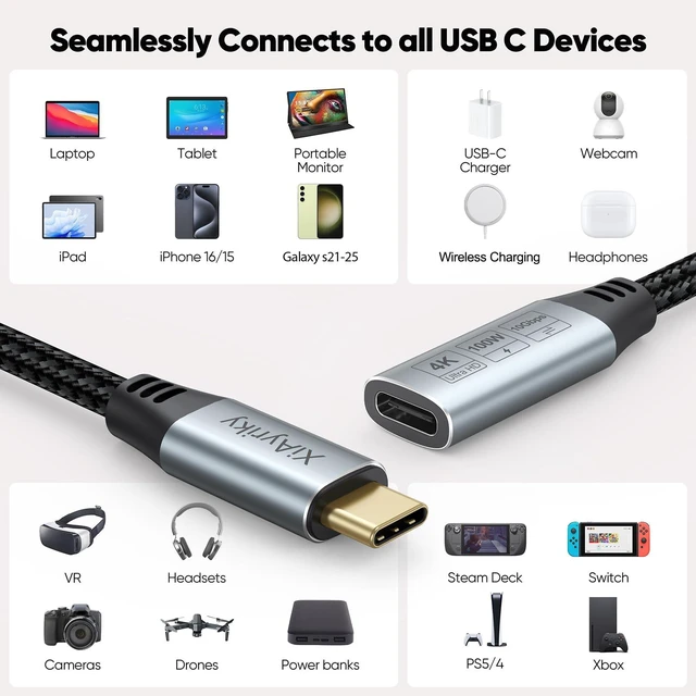 Alt view image 2 of 5 - 6FT USB C Extension Cable 5-Pack, USB 3.2 Gen2, 100W, 10Gbps, 4K@144Hz
