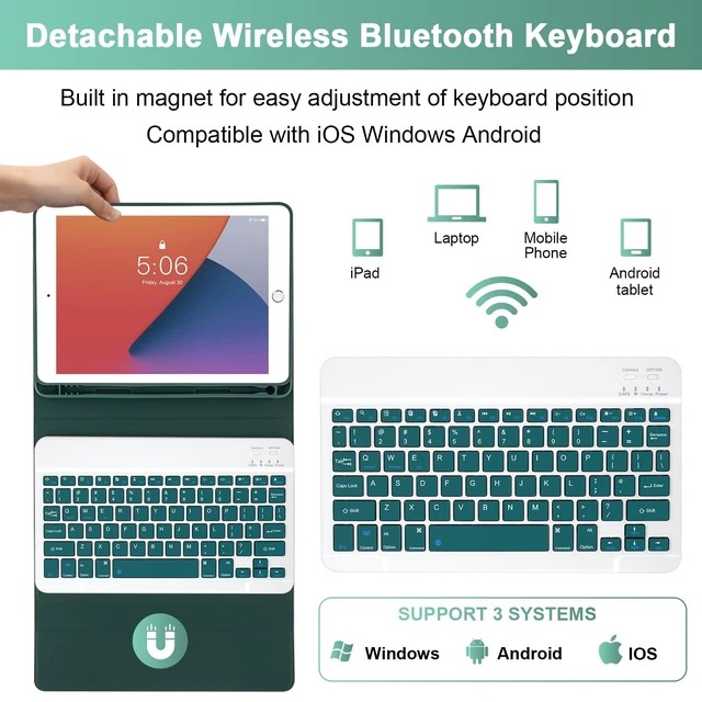 Alt view image 3 of 5 - Nsyee Keyboard Case for iPad 9th 8th 7th Generation 10.2 Inch, Detachable Bluetooth Keyboard Case with Pencil Holder and Mouse for iPad 9th/8th/7th & iPads Air 3rd 10.5"/iPads Pro 10.5", Green