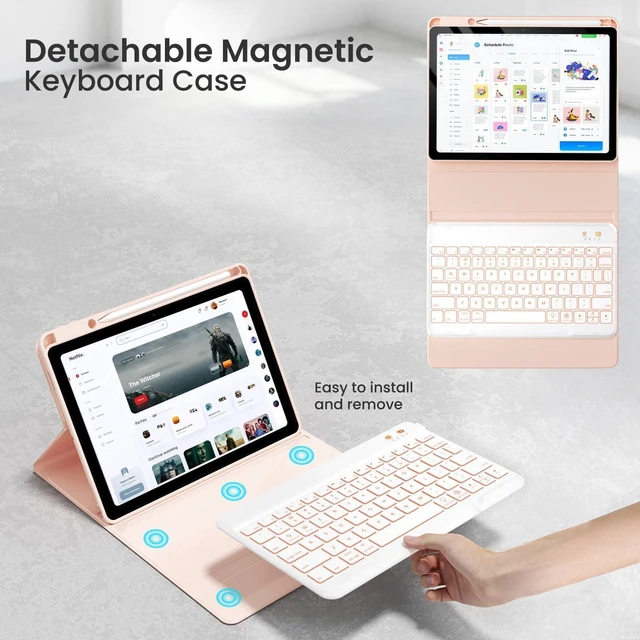 Alt view image 3 of 5 - OPAKIT Keyboard Case for iPad 9.7 6th 2018/5th gen 2017/ Air 2-7 Color Backlit Detachable Wireless Keyboard - 360 Rotatable Magnetic Detachable Slim Folio Cover with Pencil Holder (Pink)
