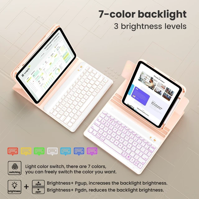 Alt view image 5 of 5 - OPAKIT Keyboard Case for iPad 9.7 6th 2018/5th gen 2017/ Air 2-7 Color Backlit Detachable Wireless Keyboard - 360 Rotatable Magnetic Detachable Slim Folio Cover with Pencil Holder (Pink)