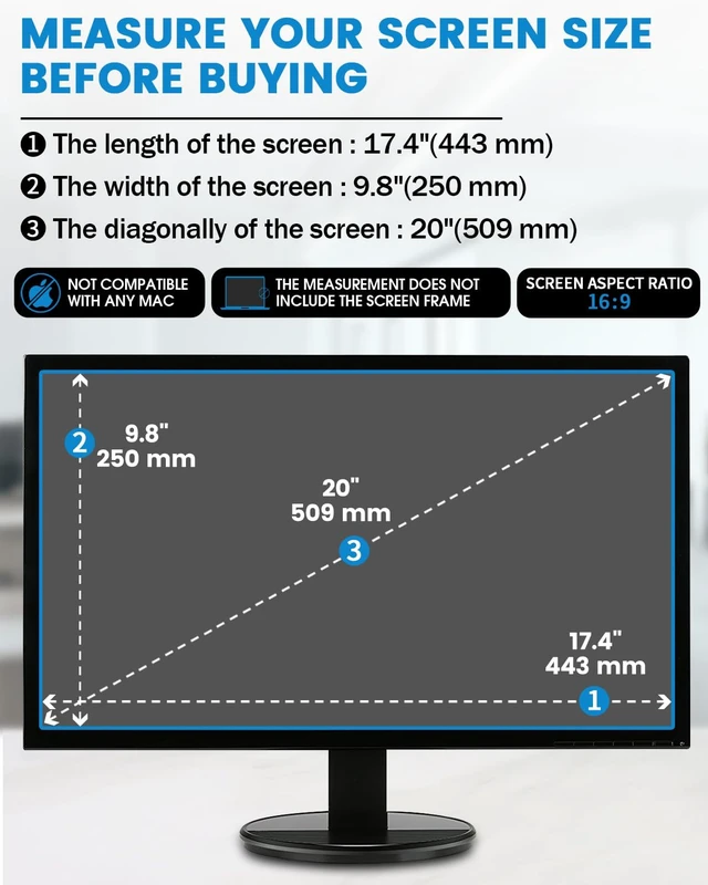 Alt view image 2 of 5 - F FORITO 2-Pack 20 inch 16:9 Matte Anti Glare Computer Screen Cover, Anti Glare Eye Protection Film Compatible with All 20" Widescreen Monitors with 16:9 Aspect Ratio (17.4" W x 9.8" H) Not for 16:10