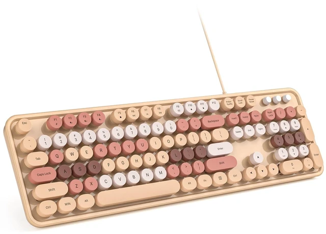 Main image of MOWUX Computer Keyboard Wired, Plug Play USB Retro Round Typewriter Keyboard, Full Size Wired Keyboard with Foldable Stands for Laptop and Office PC- Milk Tea Colorful