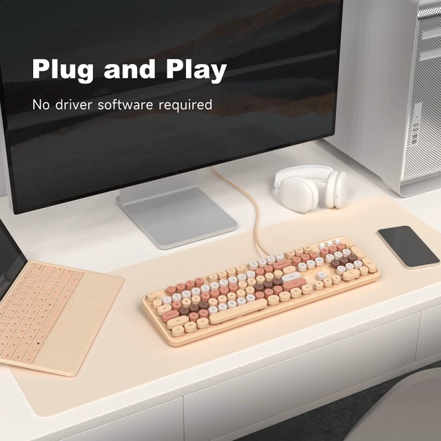 Alt view image 3 of 5 - MOWUX Computer Keyboard Wired, Plug Play USB Retro Round Typewriter Keyboard, Full Size Wired Keyboard with Foldable Stands for Laptop and Office PC- Milk Tea Colorful